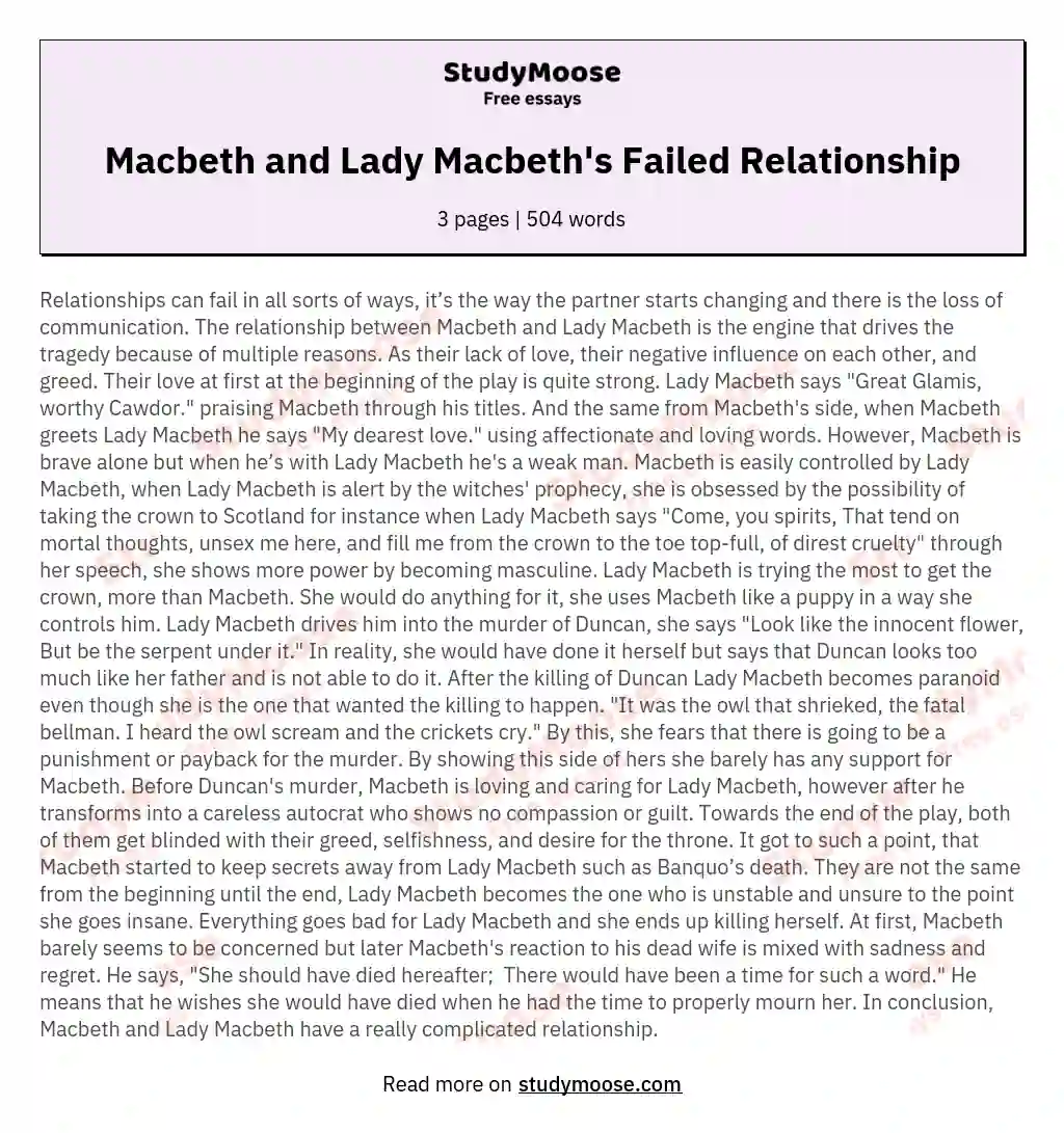 Macbeth and Lady Macbeth's Failed Relationship essay