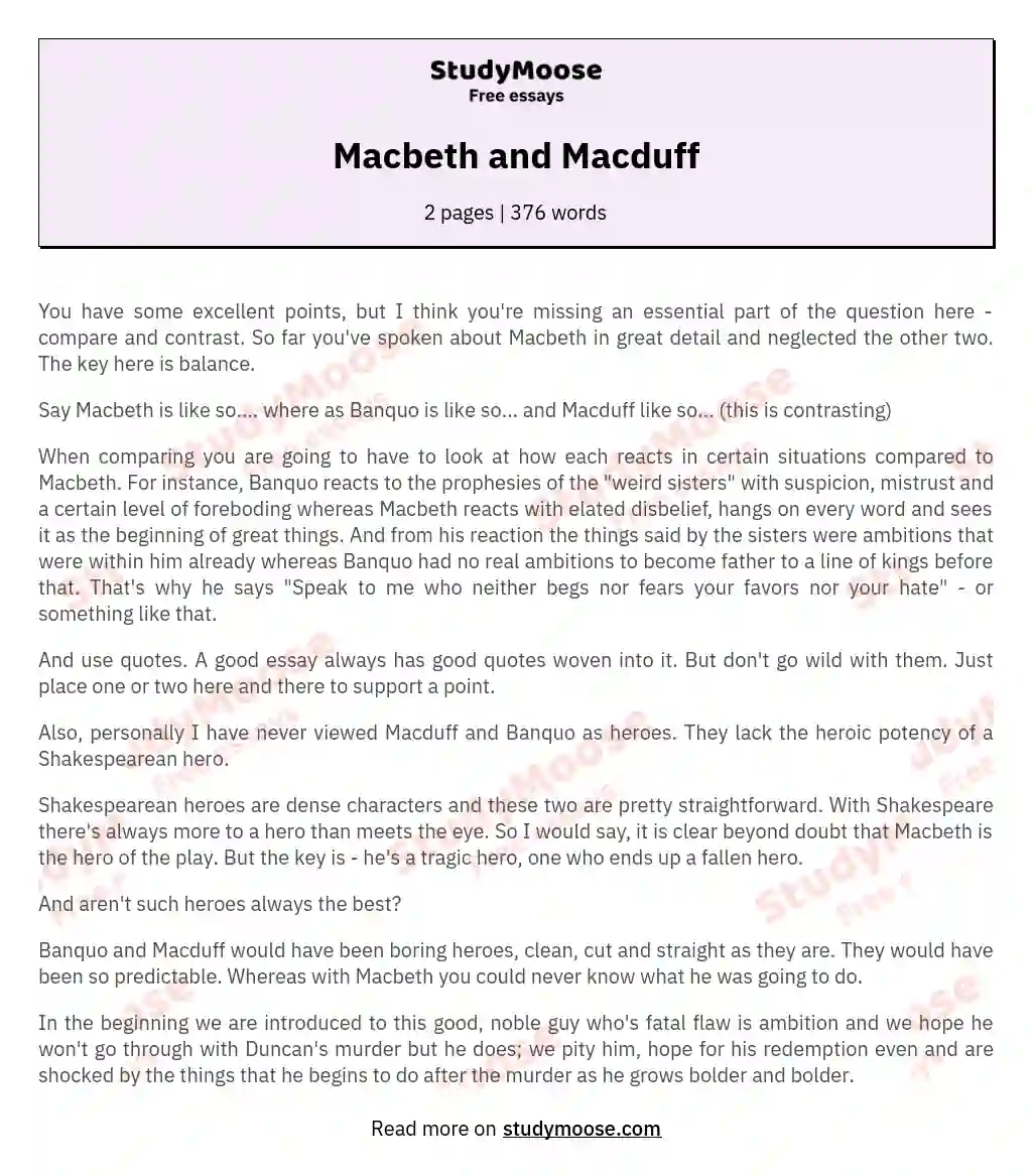Comparative Analysis of Macbeth, Banquo, and Macduff in Shakespeare's Tragedy essay