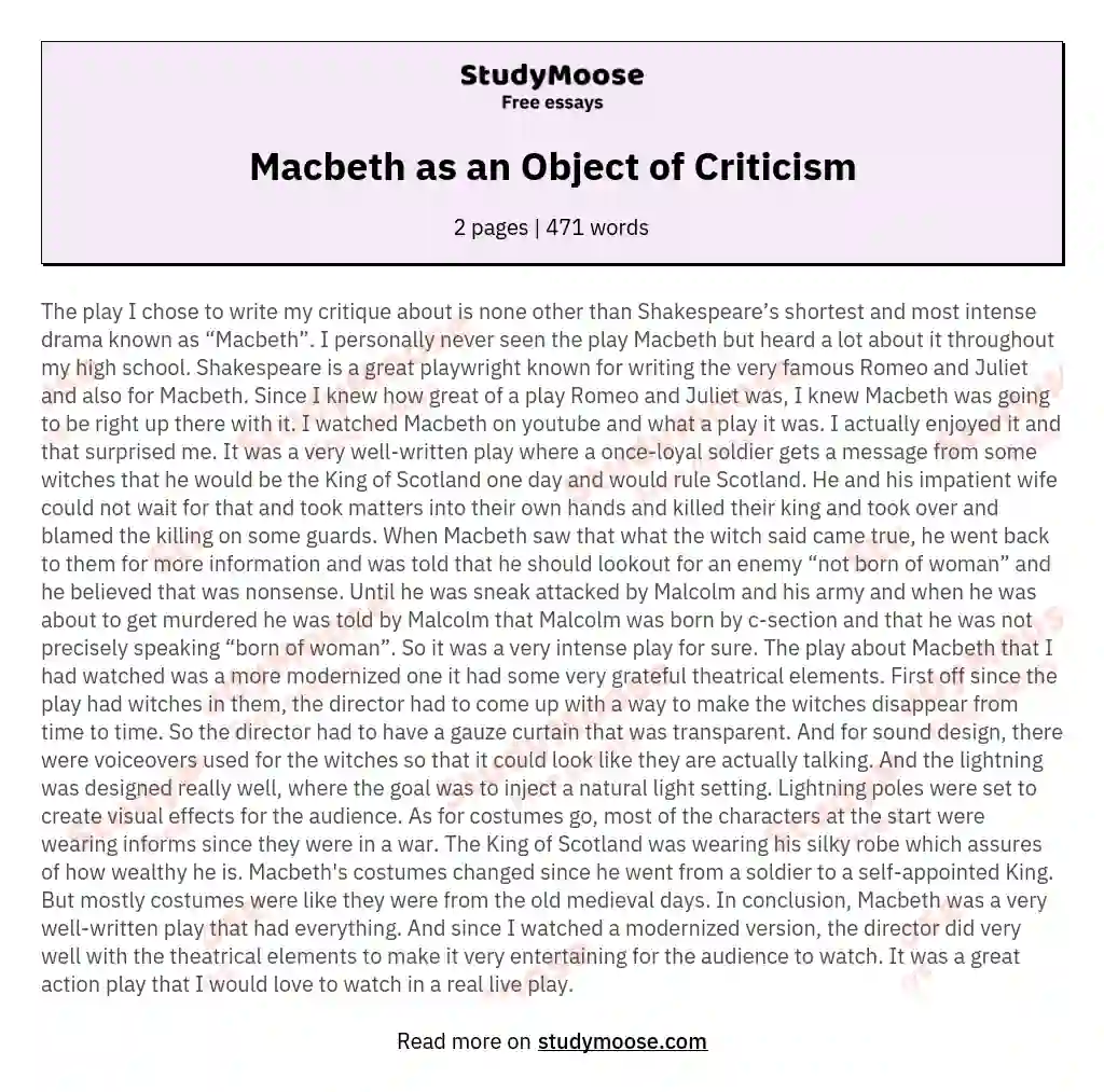 Macbeth as an Object of Criticism