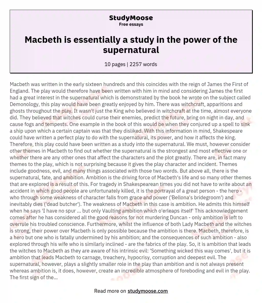 Macbeth is essentially a study in the power of the supernatural essay