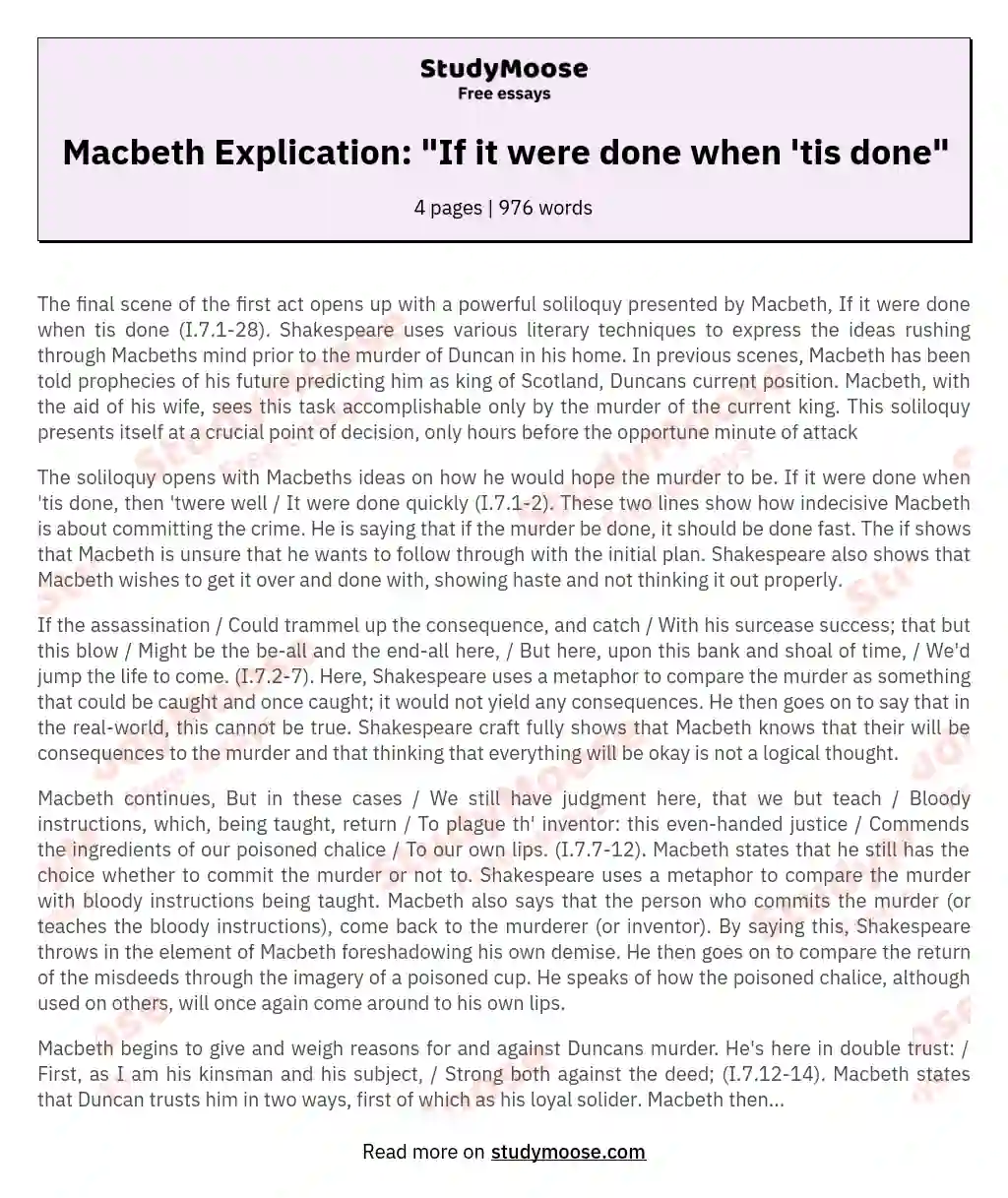 Macbeth Explication: "If it were done when 'tis done" essay