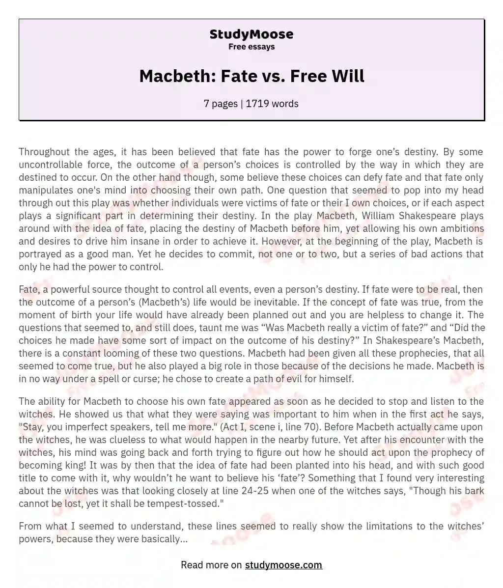 fate vs free will in macbeth essay