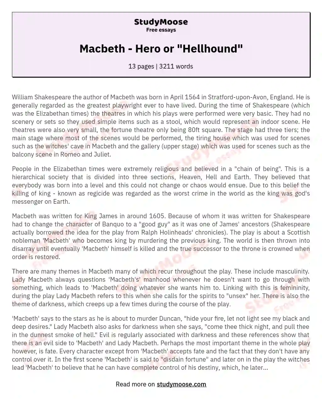 Macbeth - Hero or "Hellhound" essay