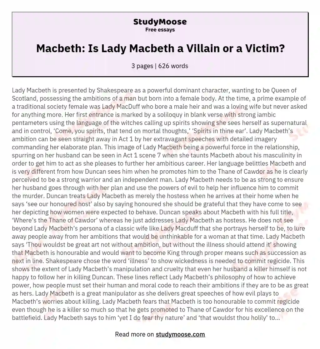 Macbeth: Is Lady Macbeth a Villain or a Victim? essay