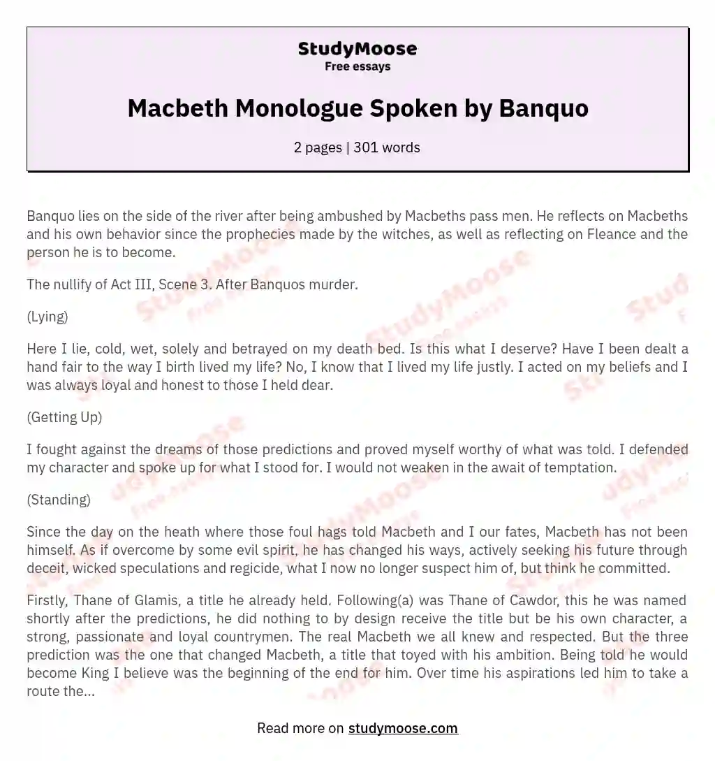Macbeth Monologue Spoken by Banquo essay