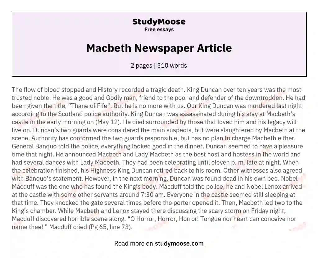 Macbeth Newspaper Article