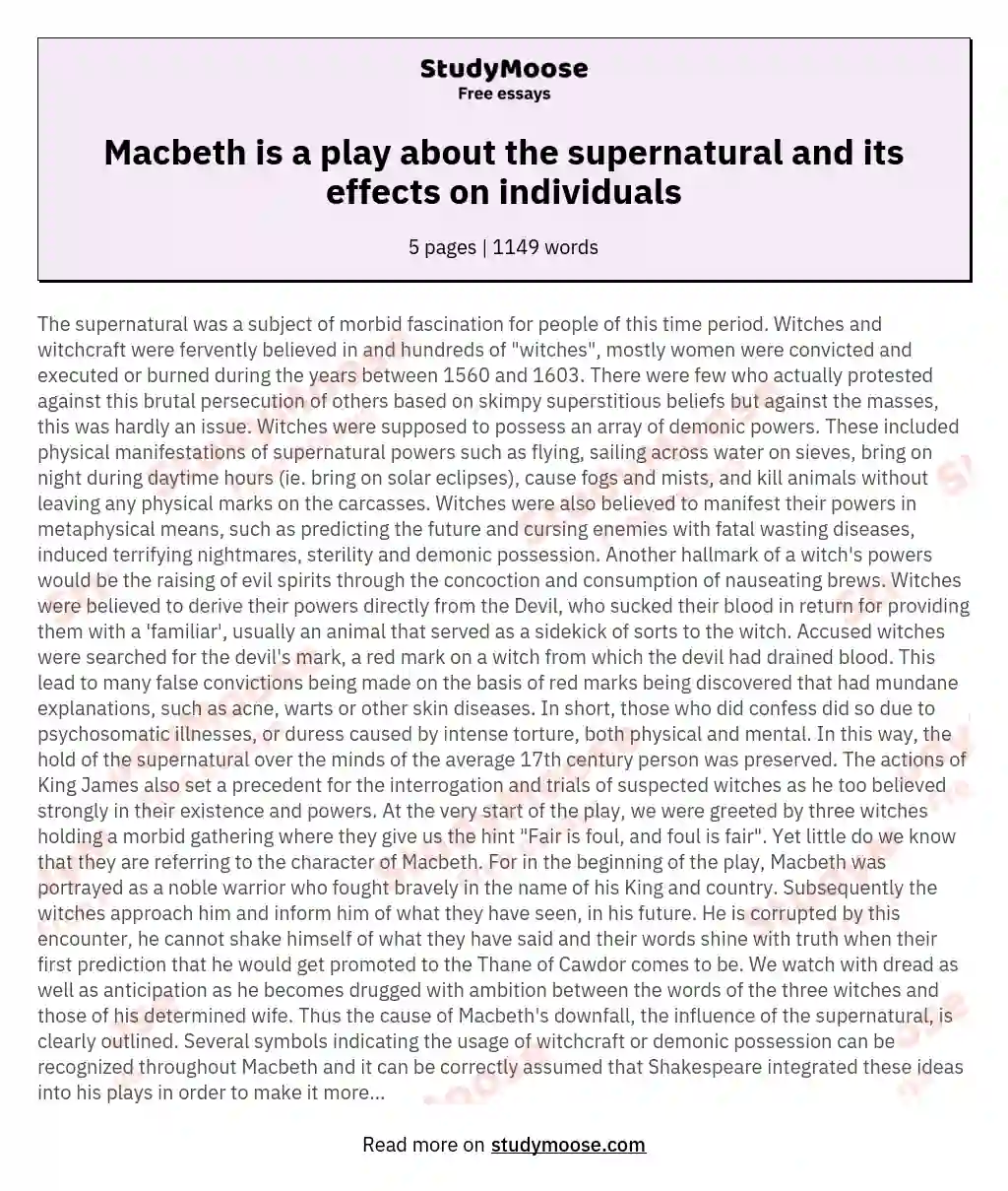 Macbeth is a play about the supernatural and its effects on individuals essay