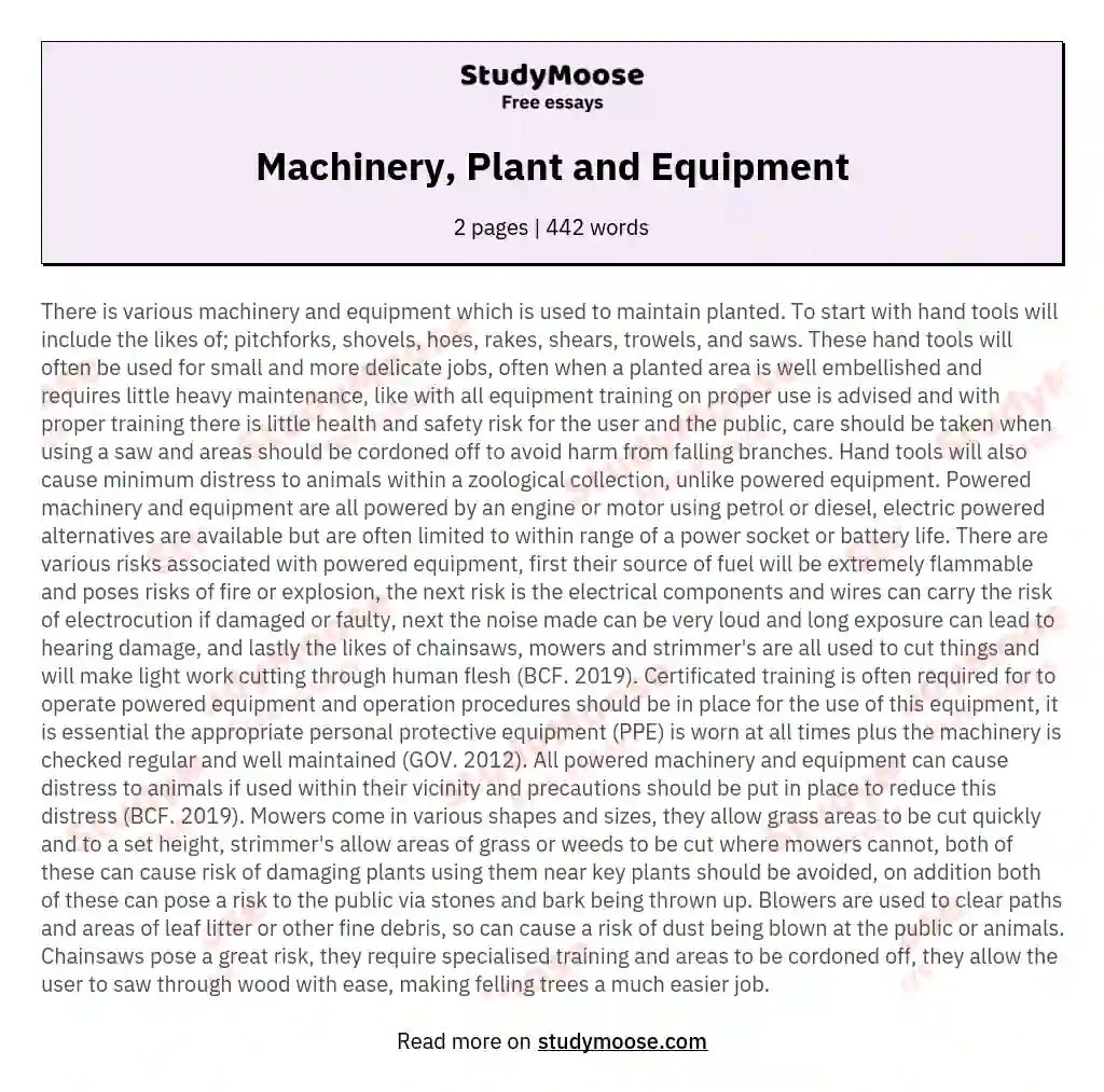 Machinery, Plant and Equipment essay