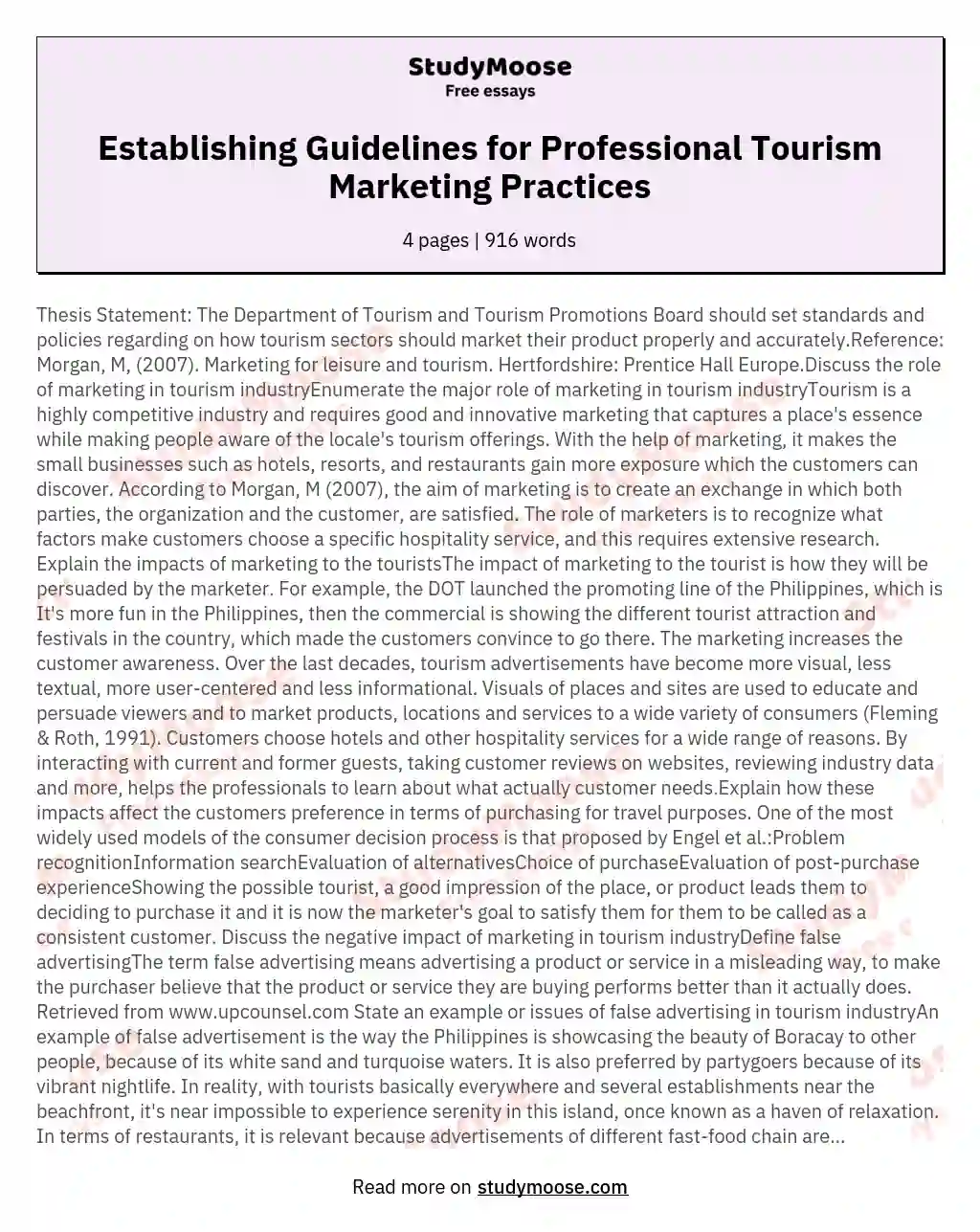 Establishing Guidelines for Professional Tourism Marketing Practices essay