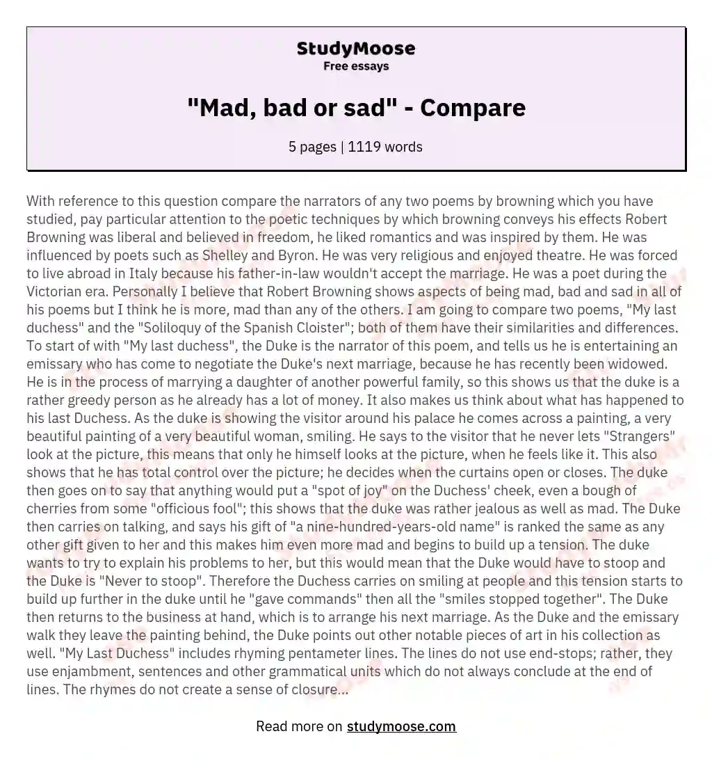 "Mad, bad or sad" - Compare essay