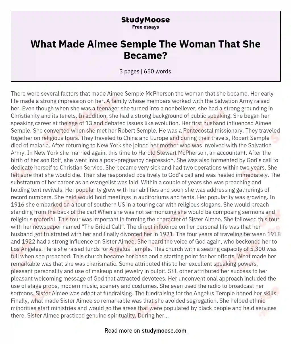 What Made Aimee Semple The Woman That She Became? essay