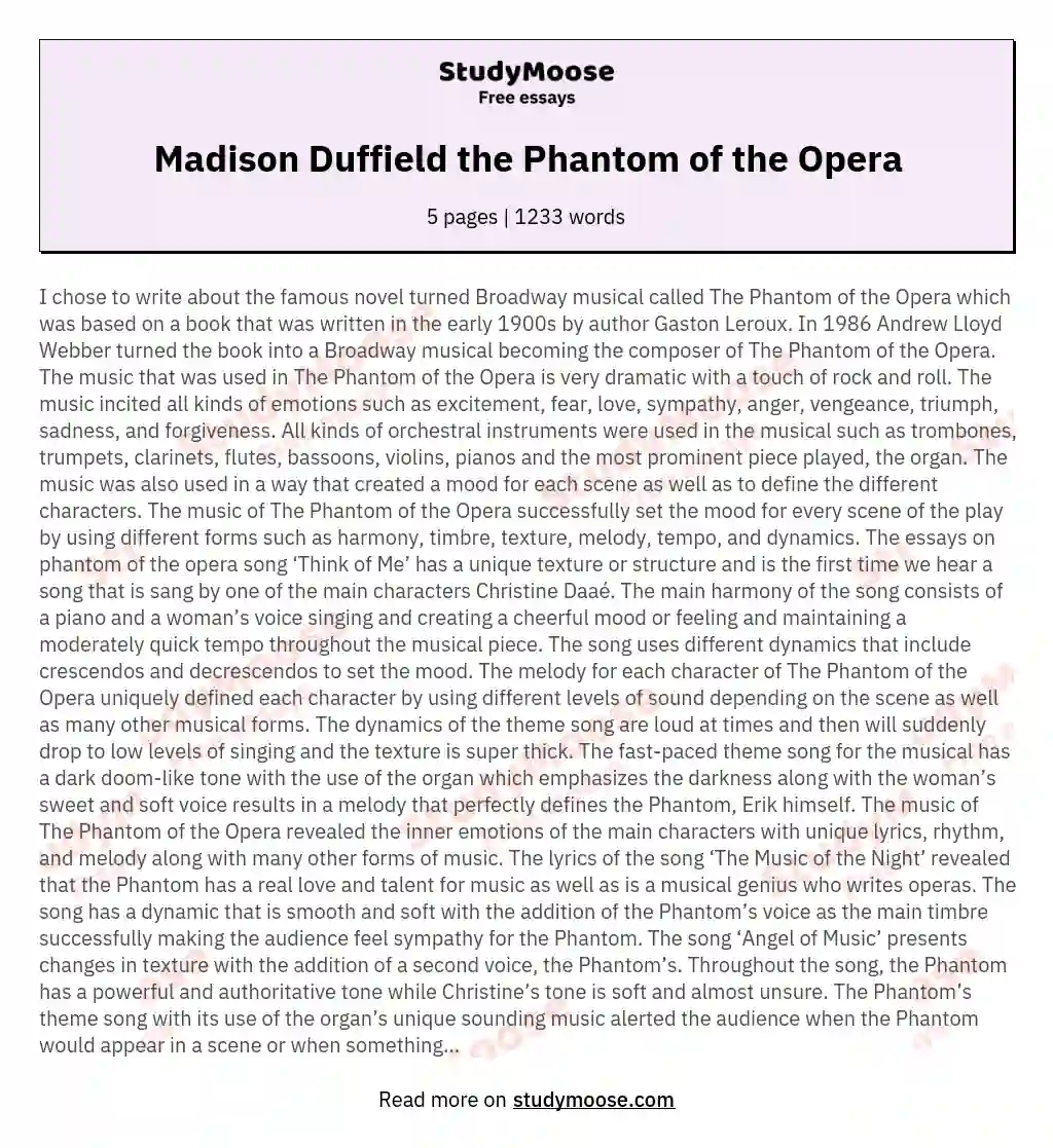 Madison Duffield the Phantom of the Opera essay