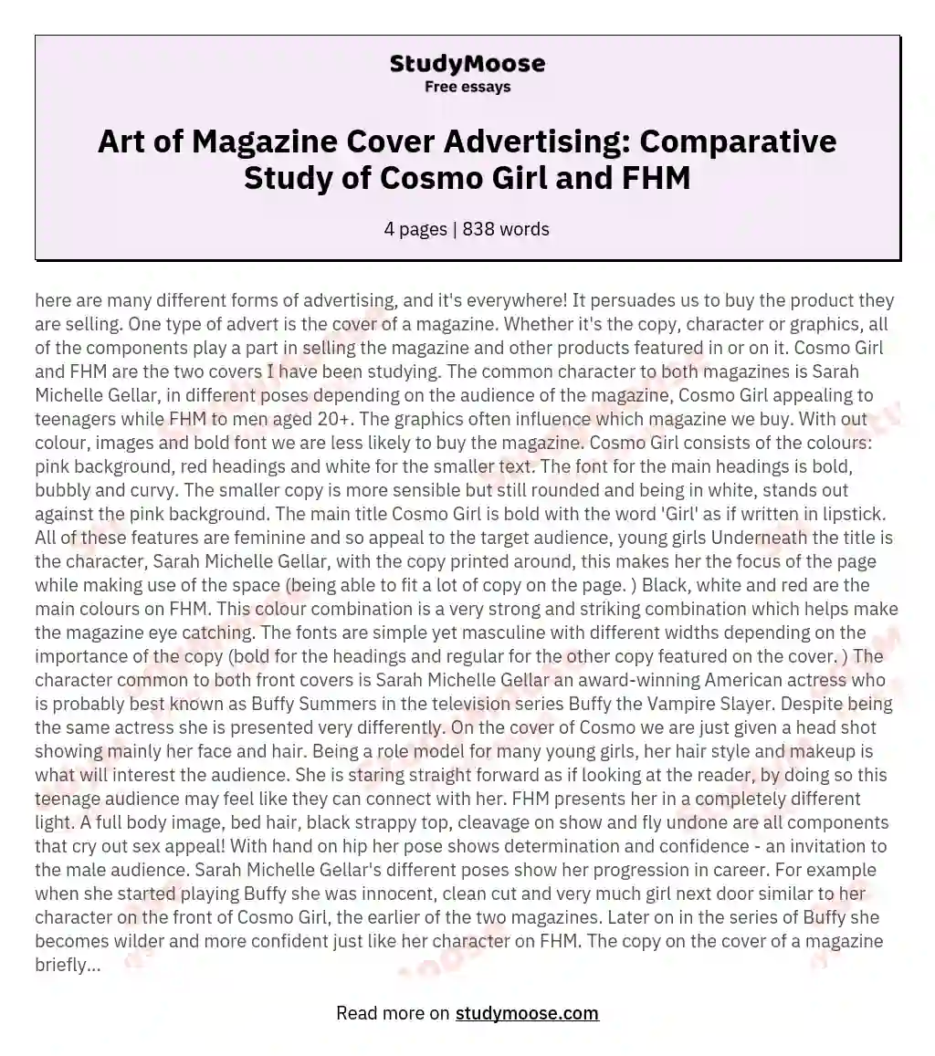 Art of Magazine Cover Advertising: Comparative Study of Cosmo Girl and FHM essay
