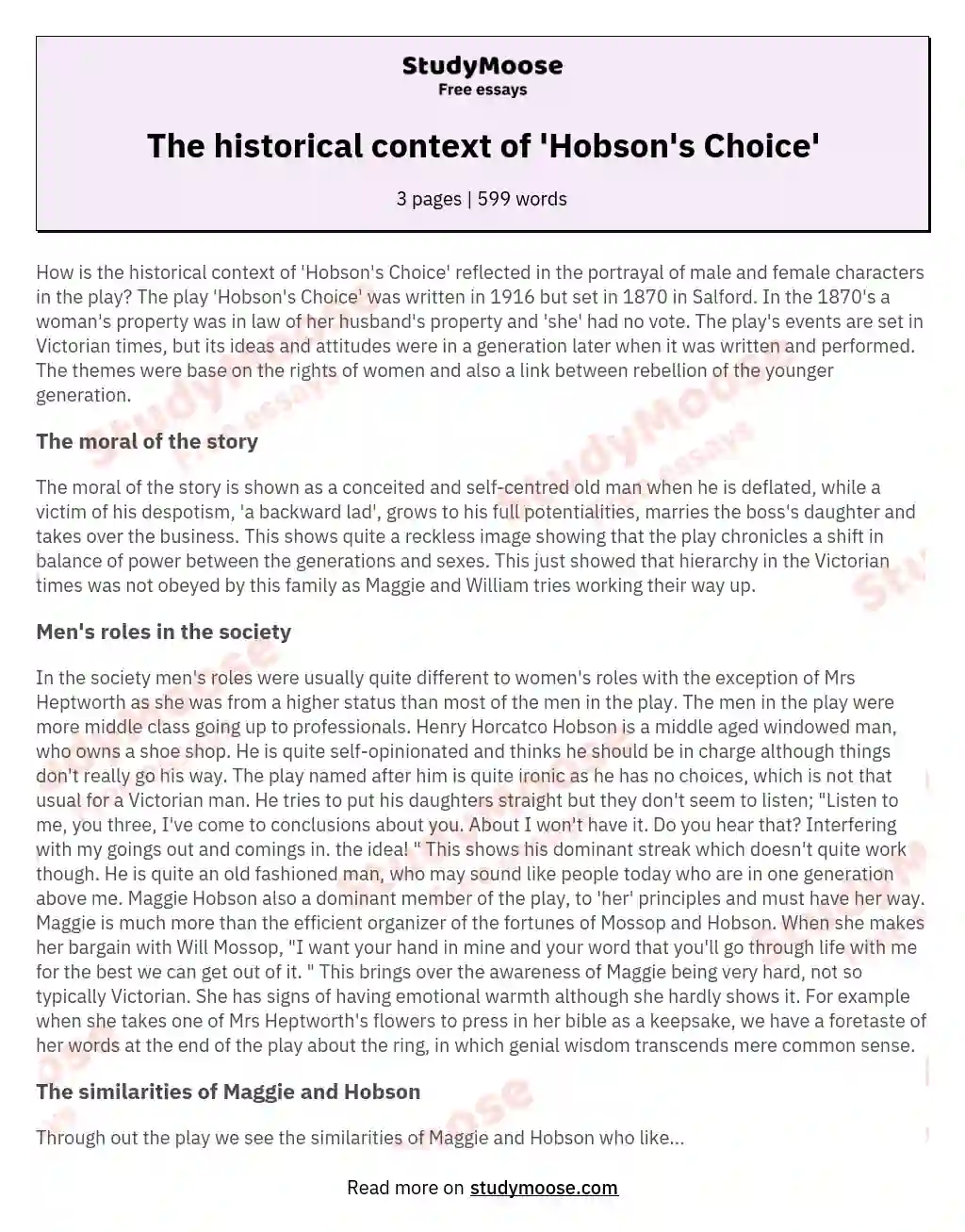 The historical context of 'Hobson's Choice' essay