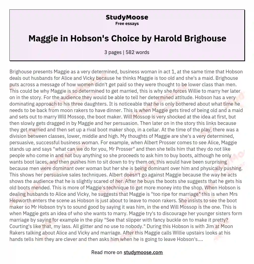 Maggie in Hobson's Choice by Harold Brighouse essay