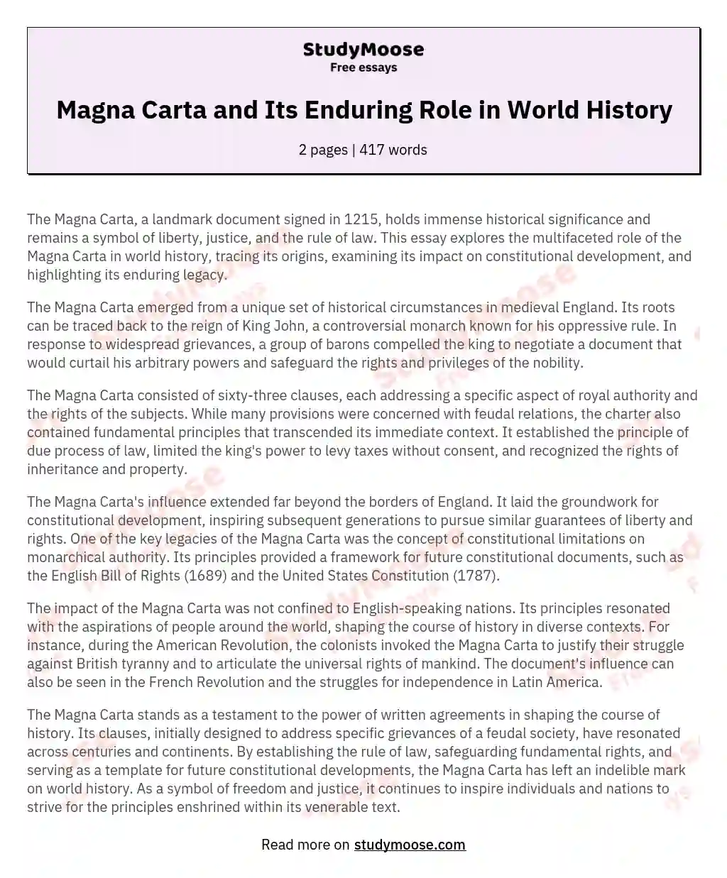 Magna Carta and Its Enduring Role in World History essay