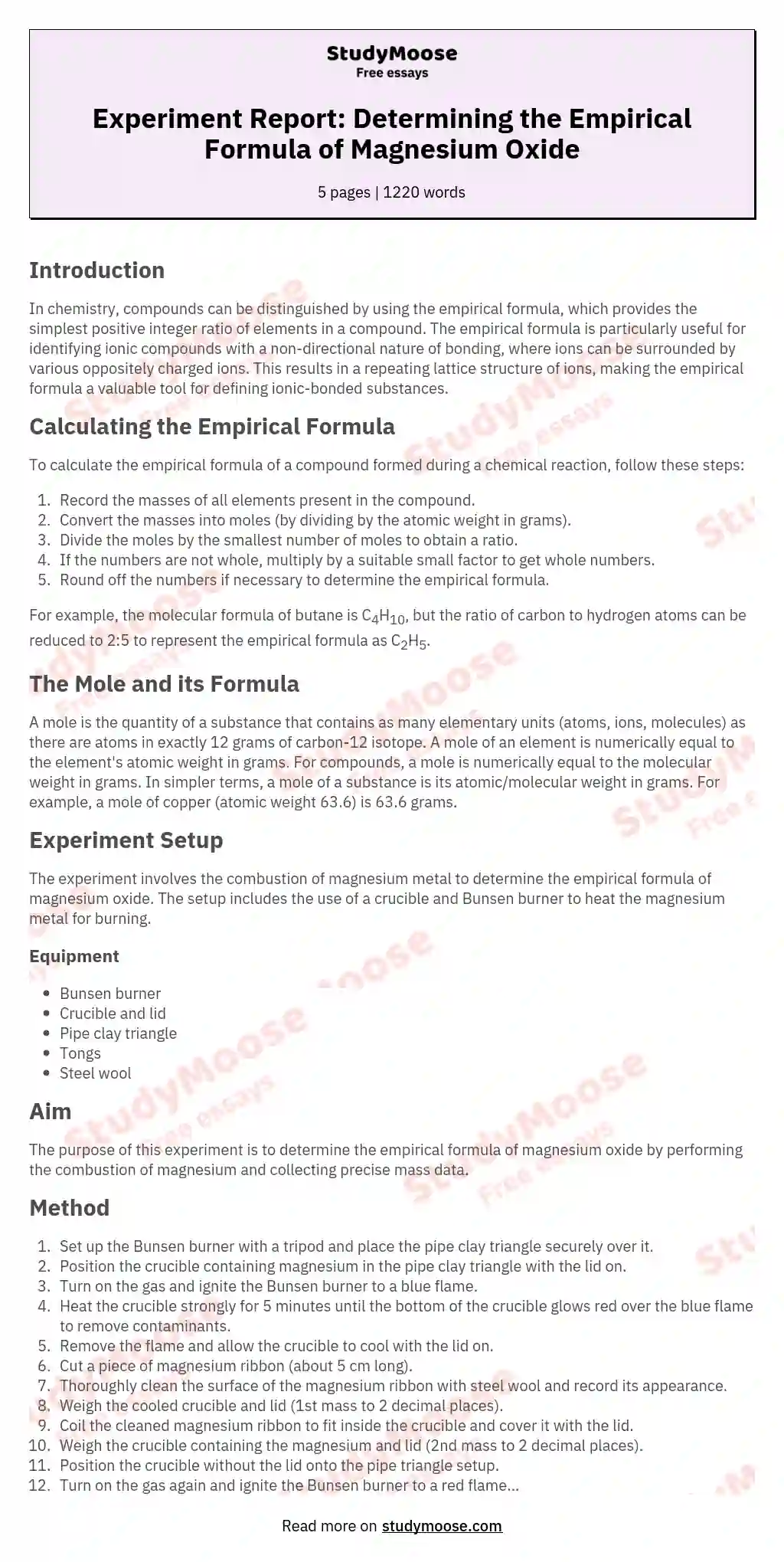 Experiment Report: Determining the Empirical Formula of Magnesium Oxide essay