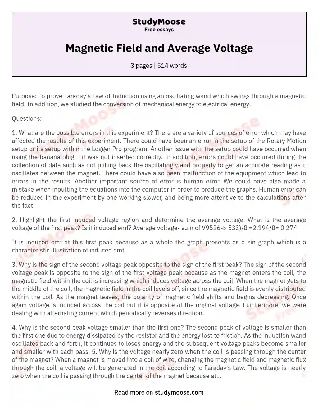 Magnetic Field and Average Voltage essay