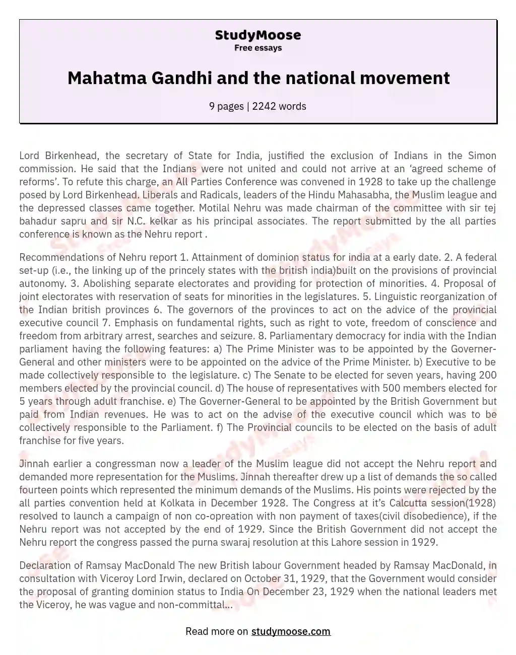 Mahatma Gandhi and the national movement essay
