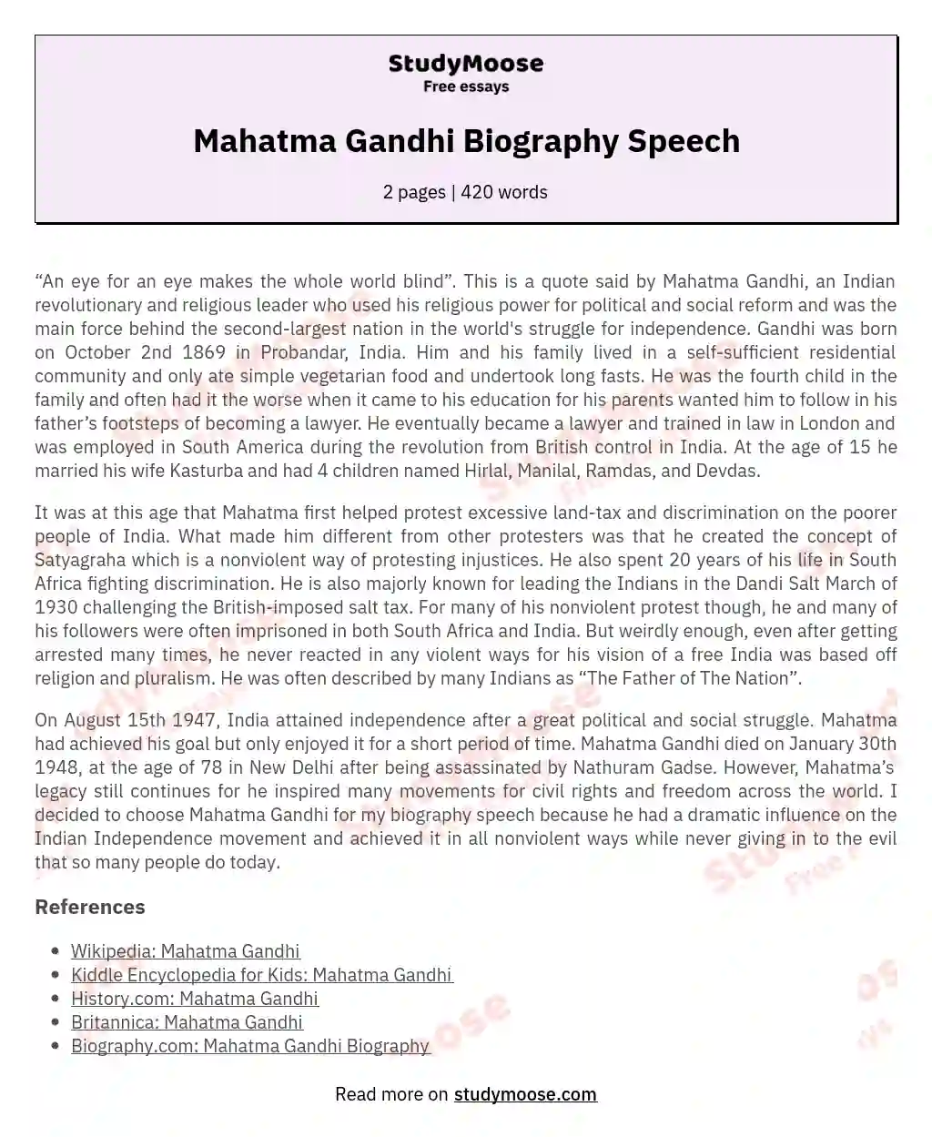 Mahatma Gandhi Biography Speech essay