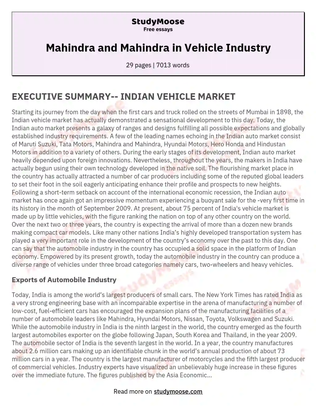 Mahindra and Mahindra in Vehicle Industry essay