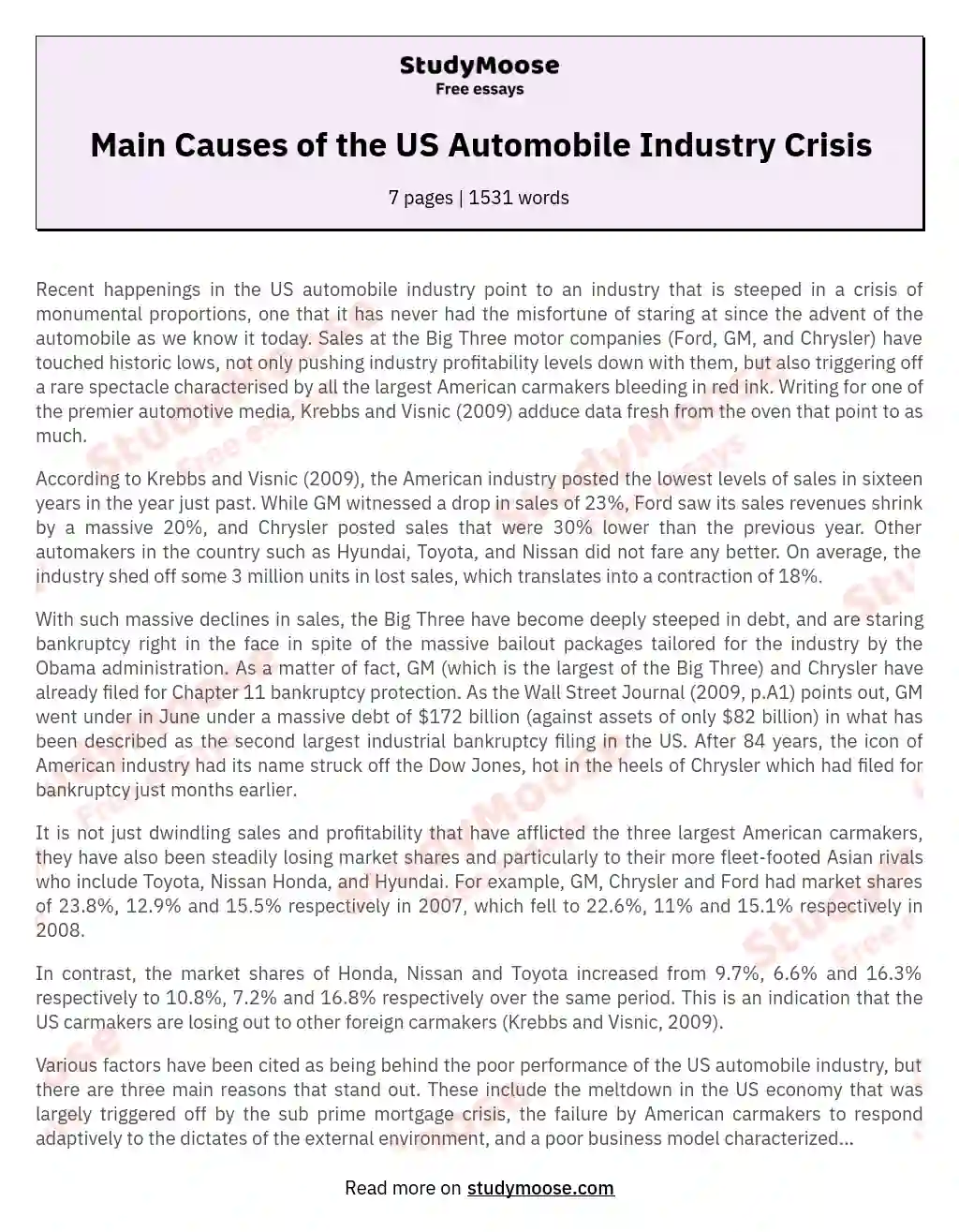 Main Causes of the US Automobile Industry Crisis essay