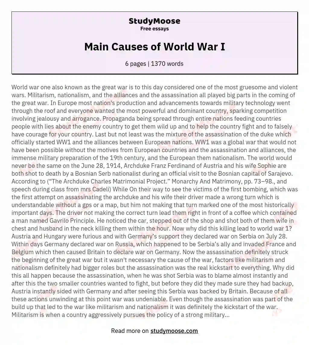Main Causes of World War I essay