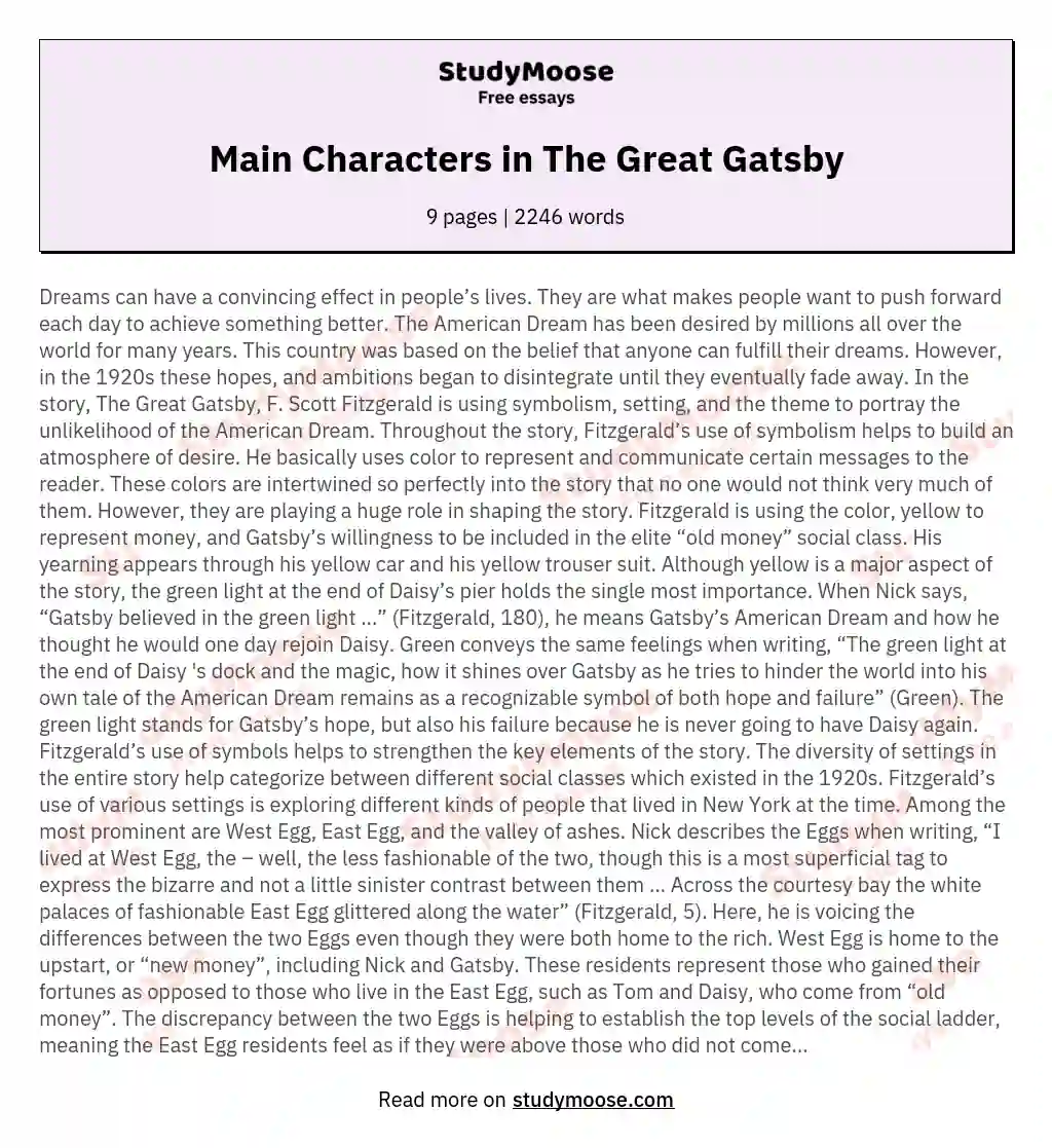 Main Characters in The Great Gatsby essay
