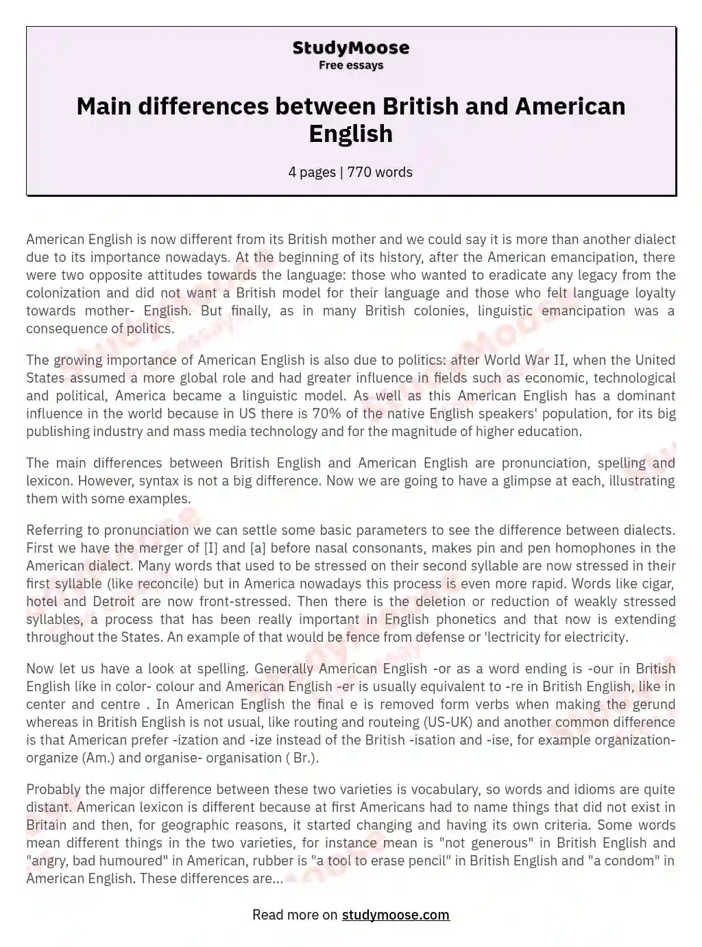Main differences between British and American English essay