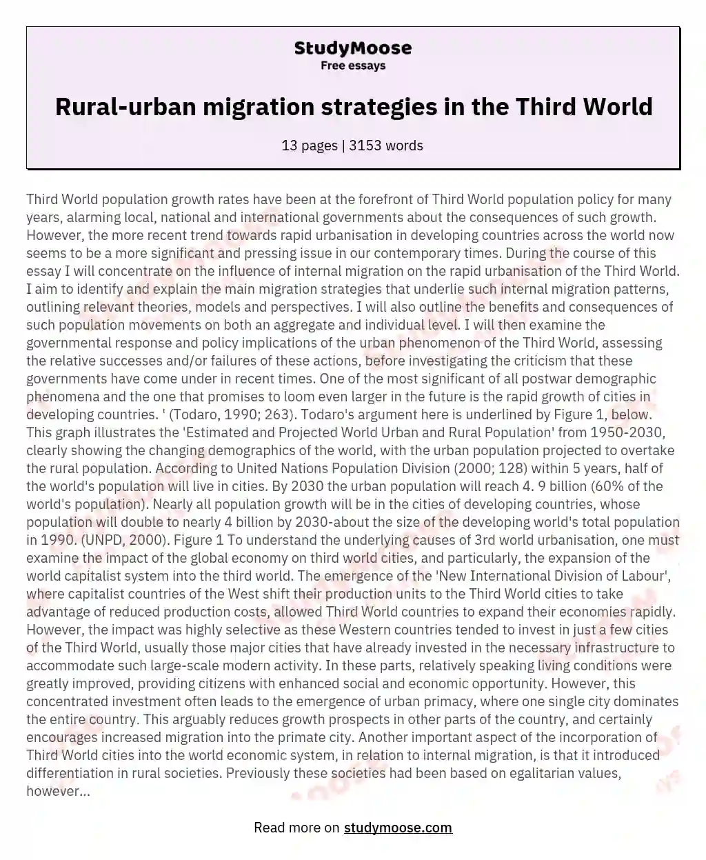 The main migration strategies underlying rural-urban population movements in the Third World