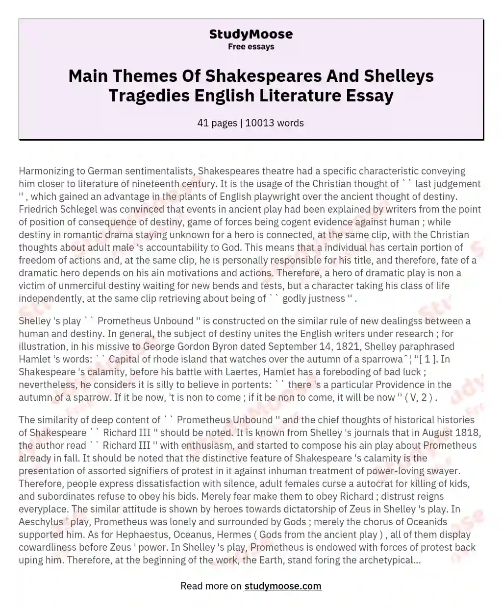 Main Themes Of Shakespeares And Shelleys Tragedies English Literature Essay
