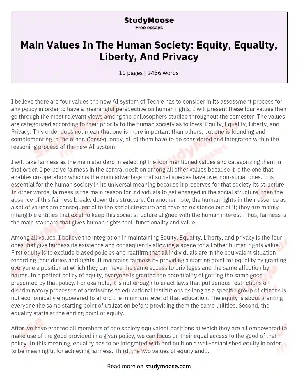 Main Values In The Human Society: Equity, Equality, Liberty, And Privacy essay