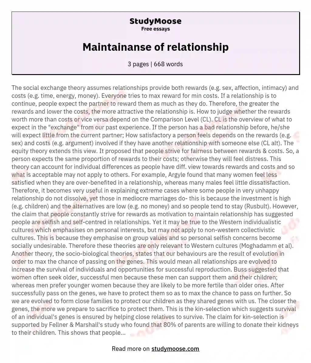 Maintainanse of relationship essay