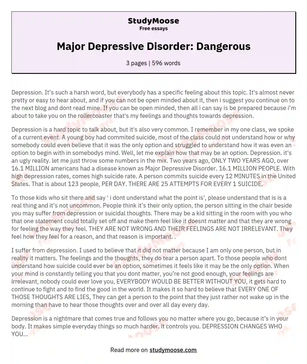Major Depressive Disorder: Dangerous essay