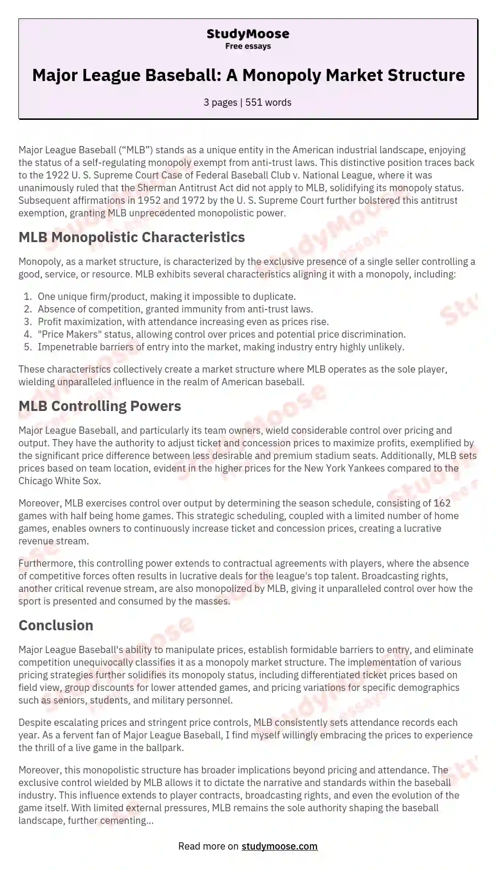 Major League Baseball: A Monopoly Market Structure essay
