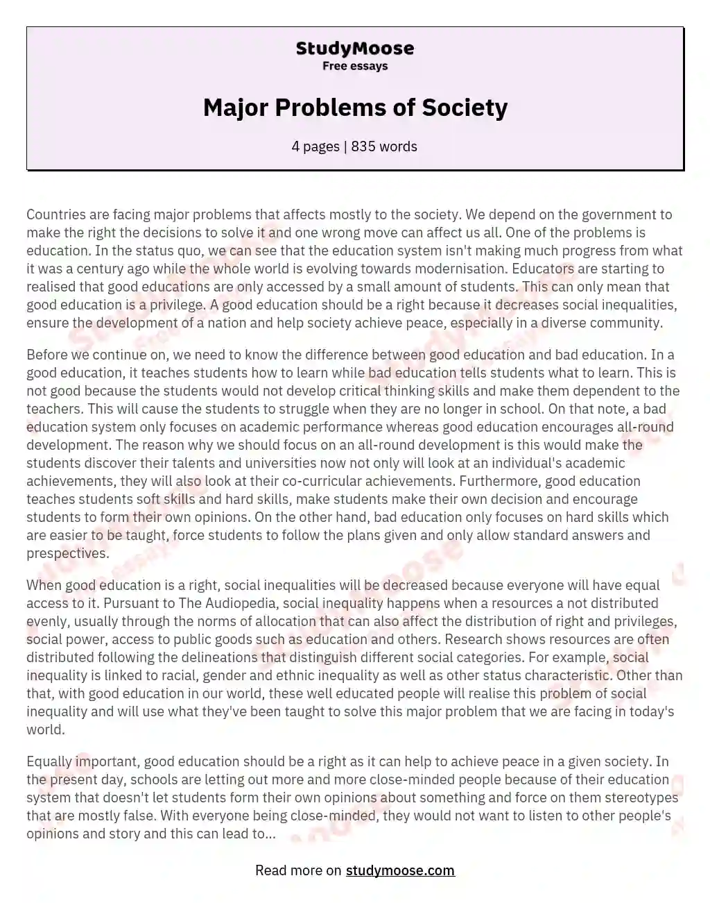 Major Problems of Society essay