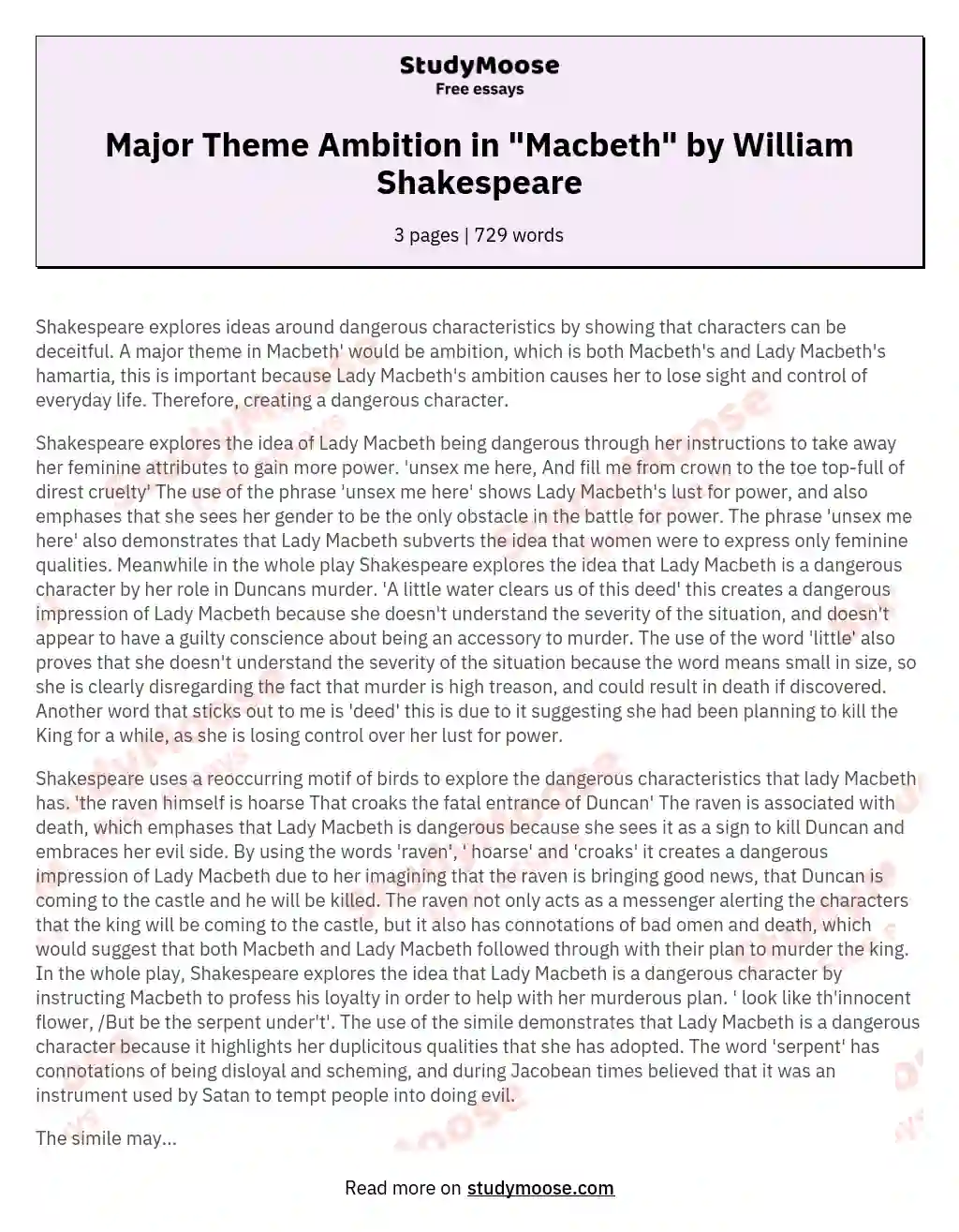 Major Theme Ambition in "Macbeth" by William Shakespeare essay