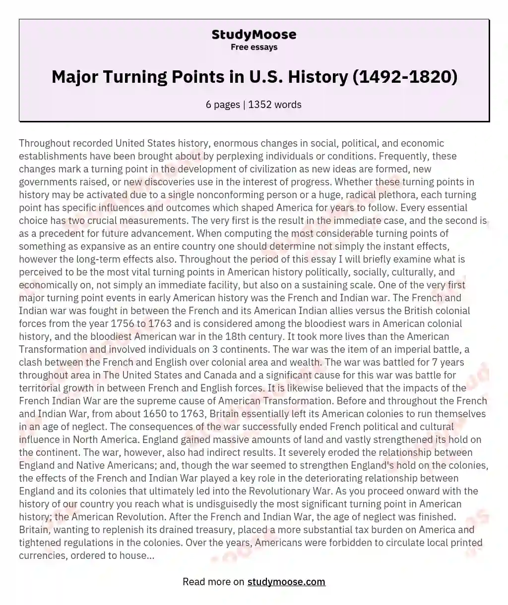 Major Turning Points in U.S. History (1492-1820) essay