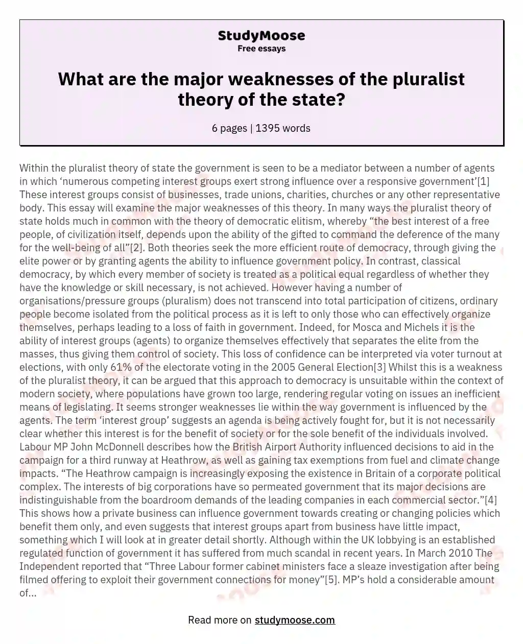 What are the major weaknesses of the pluralist theory of the state? essay