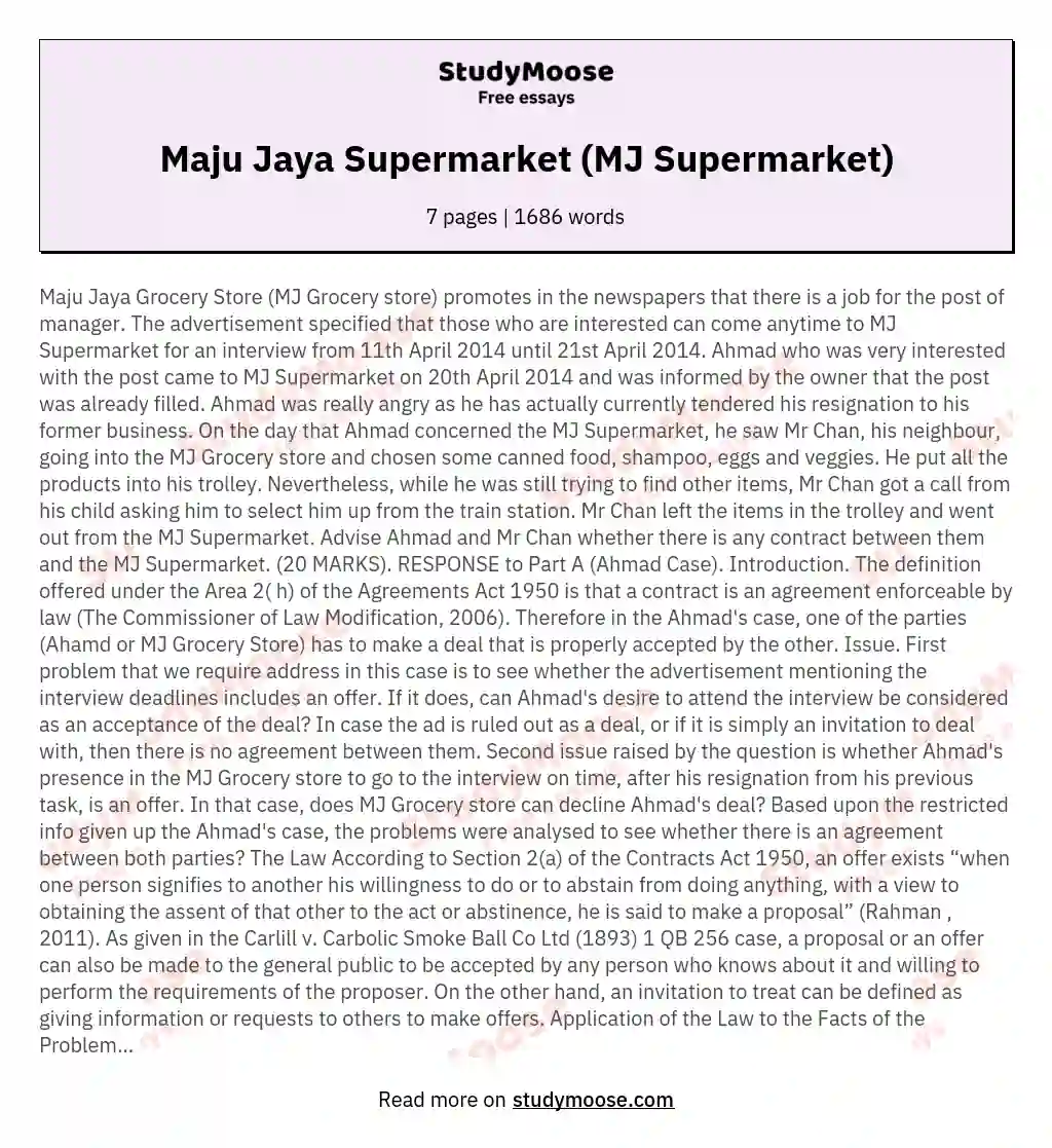 Maju Jaya Supermarket (MJ Supermarket) essay