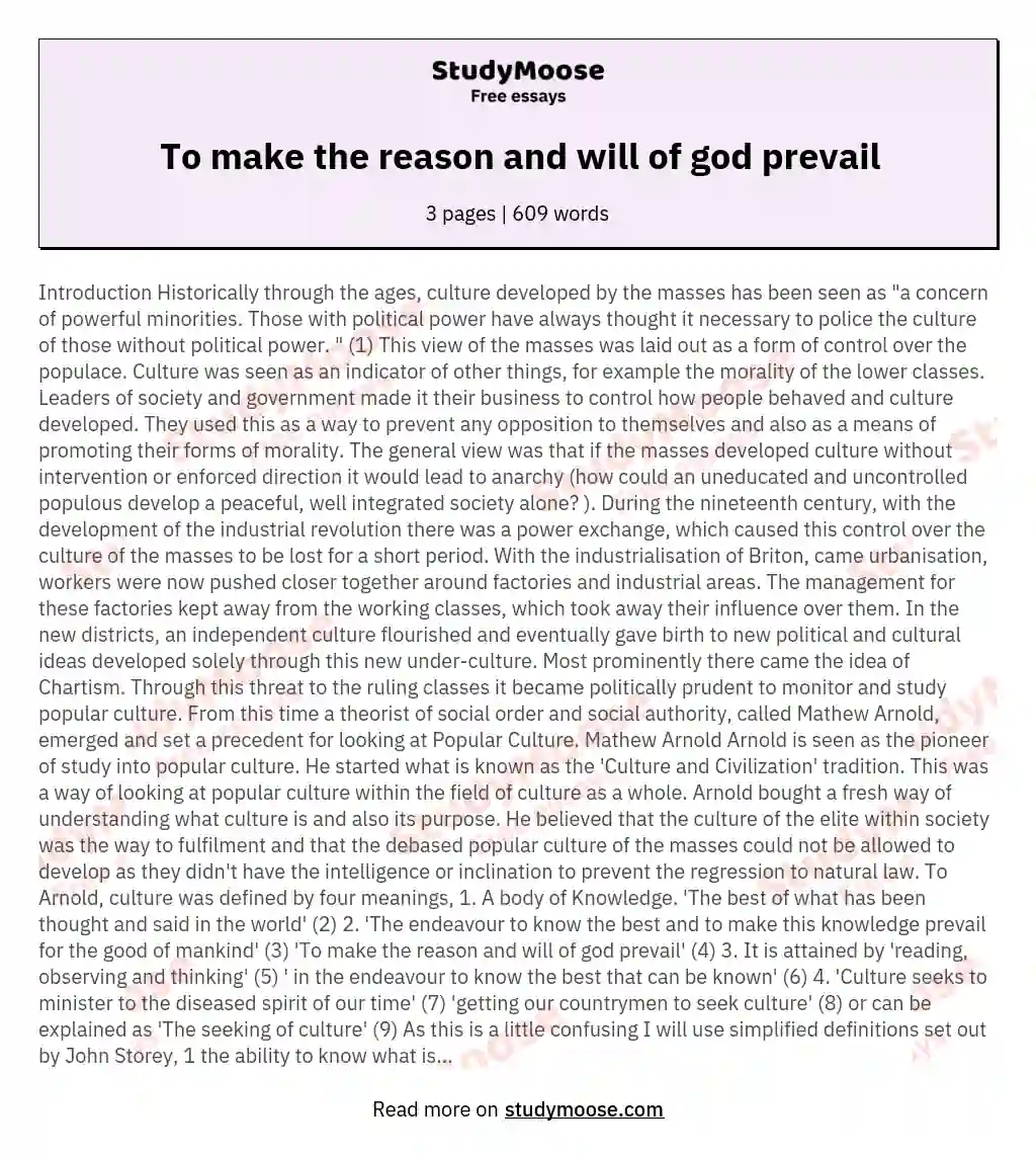 To make the reason and will of god prevail essay