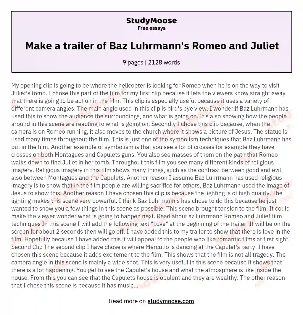 Make A Trailer Of Baz Luhrmanns Romeo And Juliet Free Essay Example