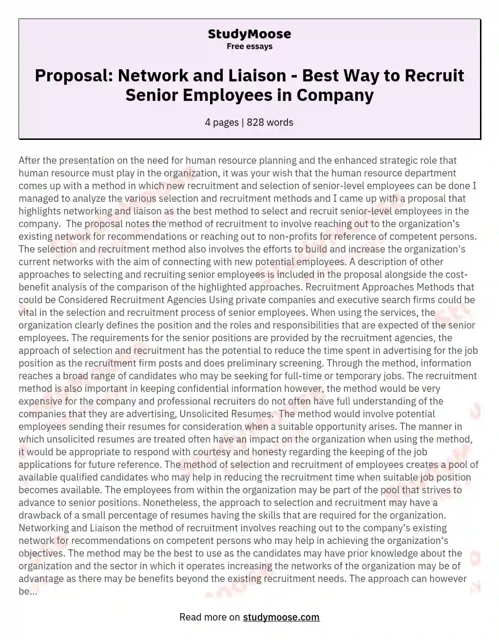 Proposal: Network and Liaison - Best Way to Recruit Senior Employees in Company essay