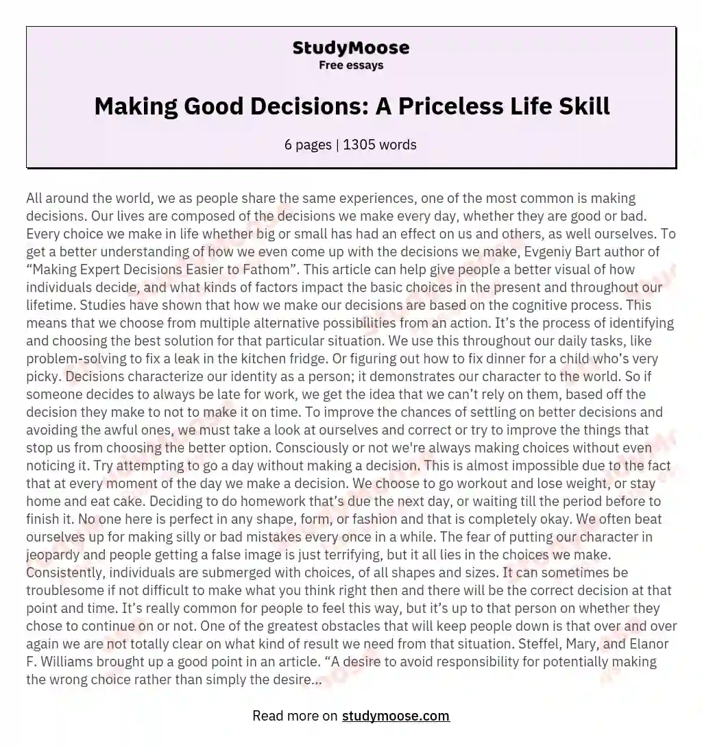 Making Good Decisions: A Priceless Life Skill essay