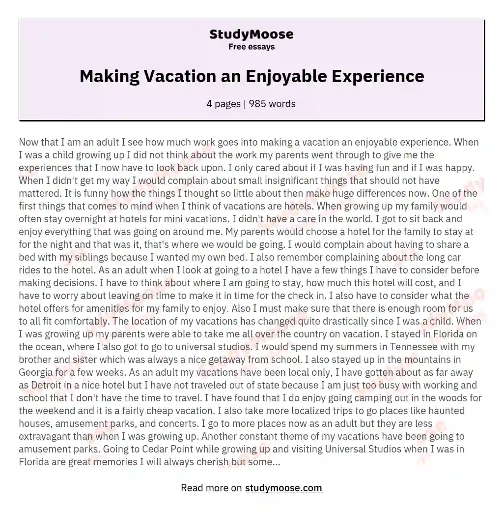 Making Vacation an Enjoyable Experience essay