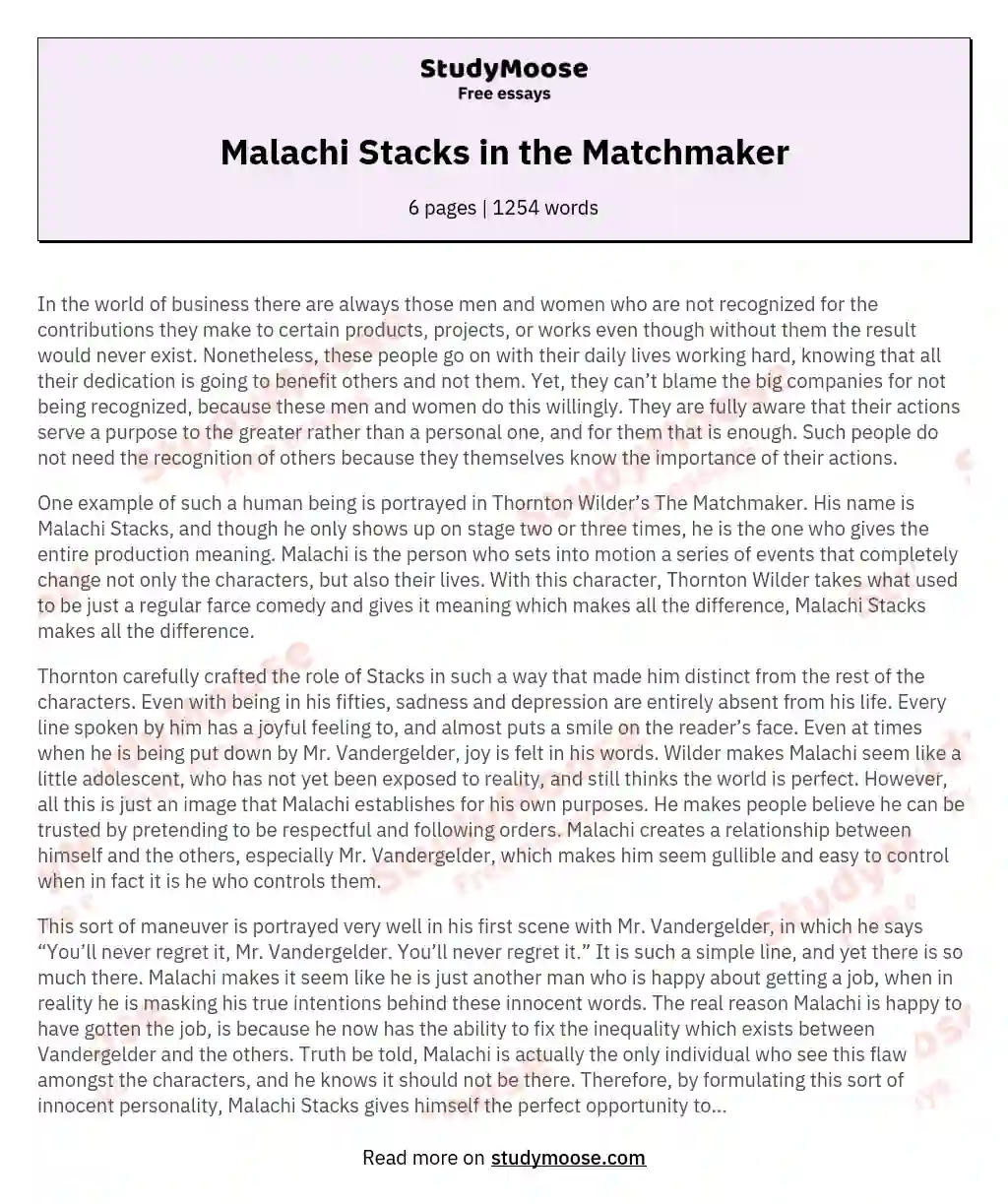 Malachi Stacks in the Matchmaker essay