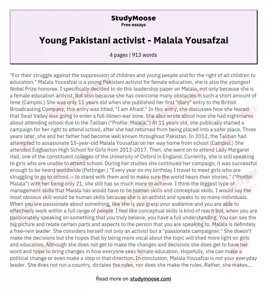 essay on malala yousafzai in 500 words