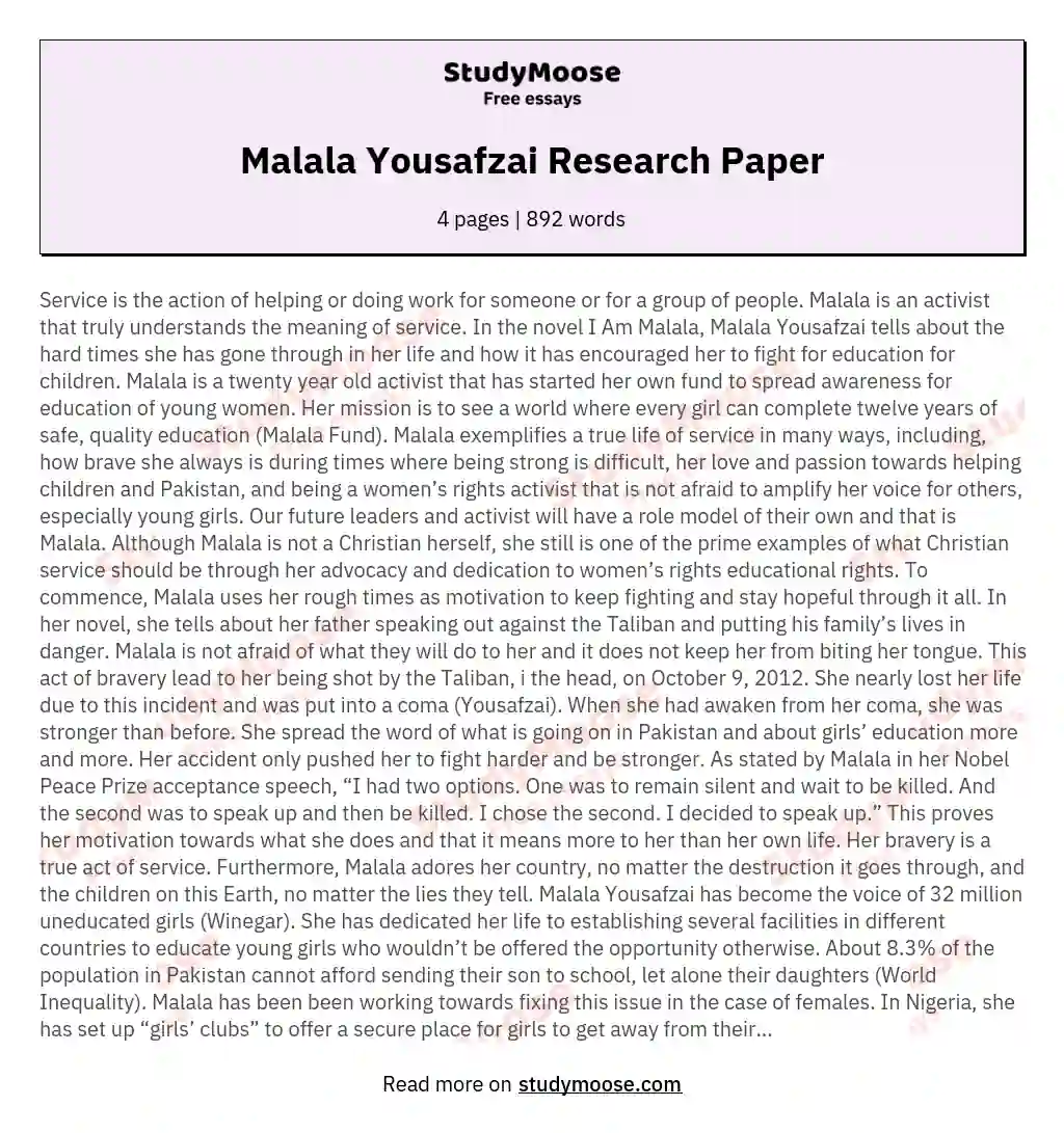 Malala Yousafzai Research Paper essay