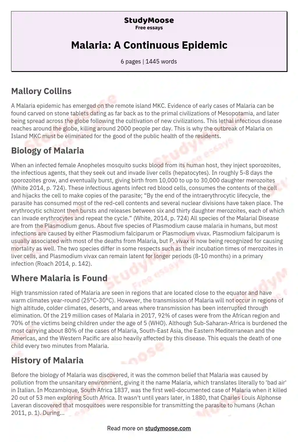 Malaria: A Continuous Epidemic essay