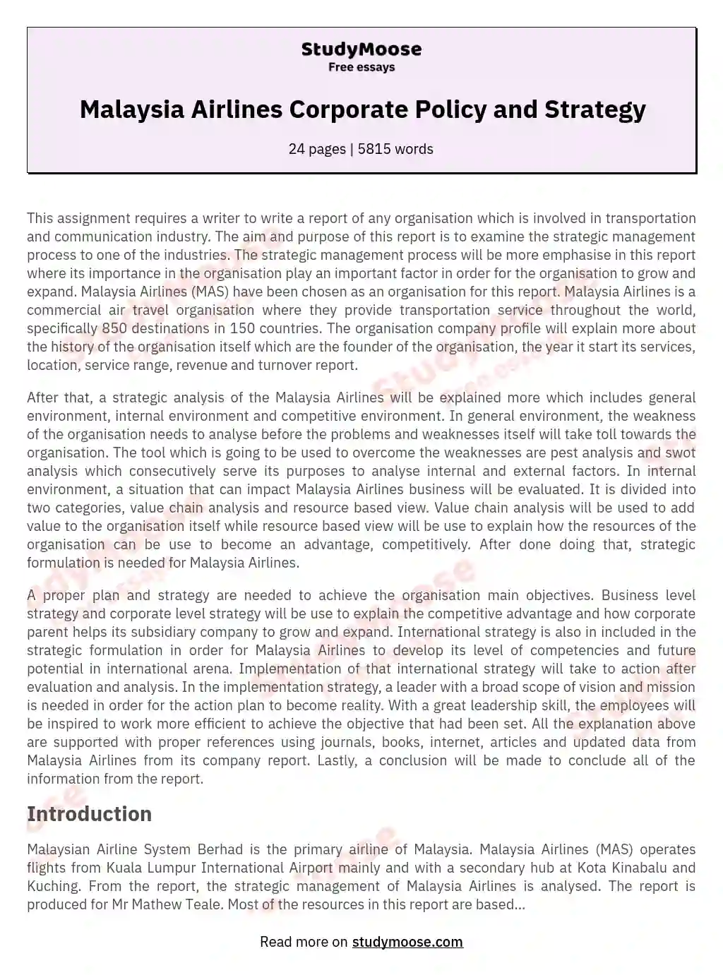 Malaysia Airlines Corporate Policy and Strategy essay